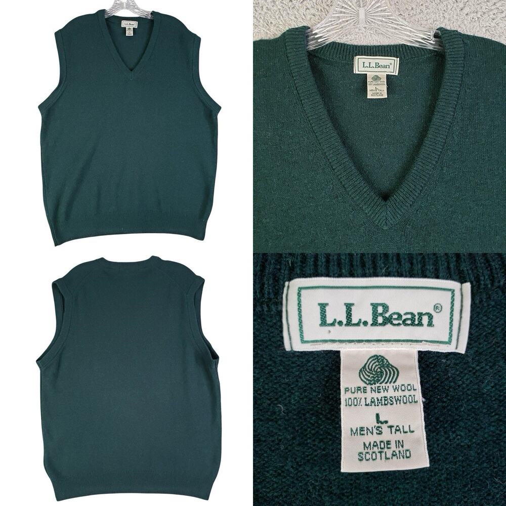 LL Bean Sweater Vest Mens Size Large L Green Wool V Neck Pullover Knit